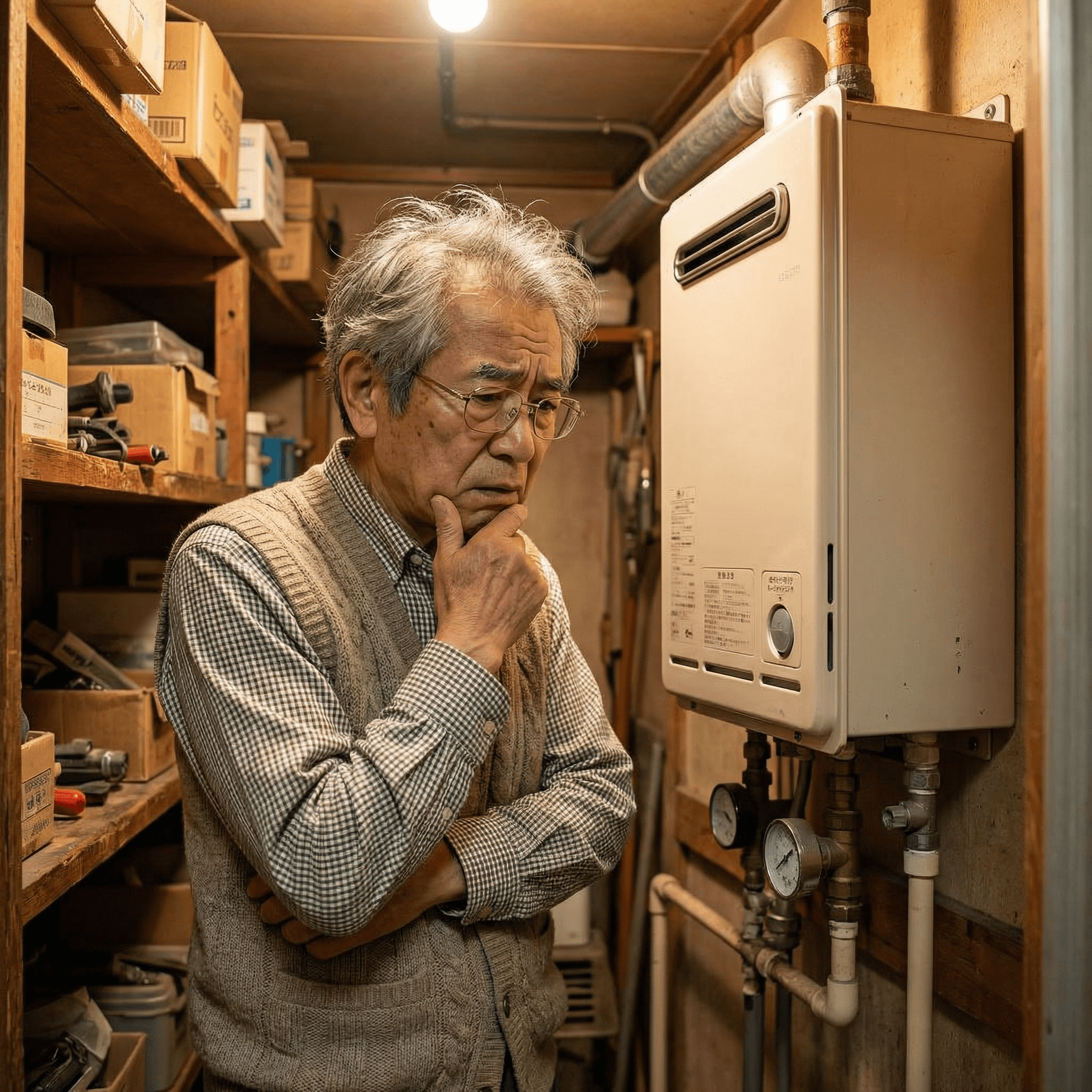お湯が出ない：給湯器の前で困る高齢者