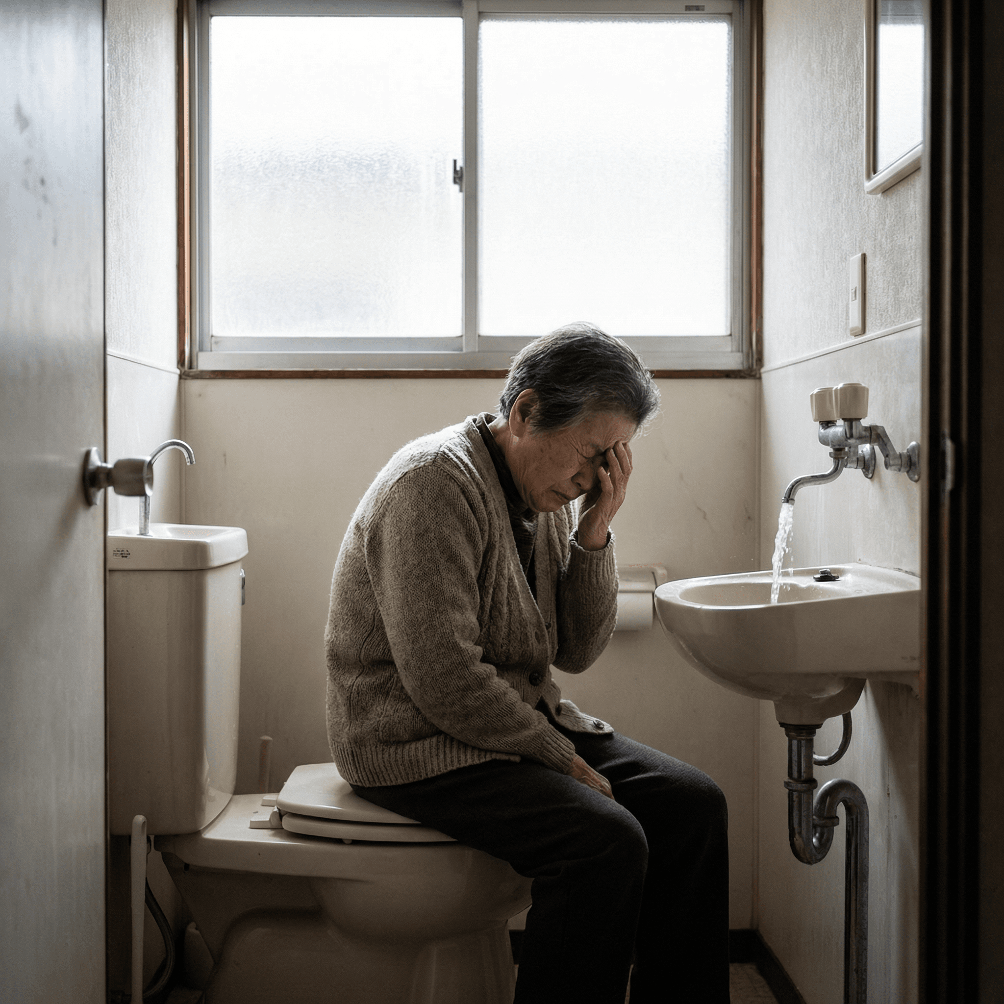 トイレの水：トイレで慌てる高齢者