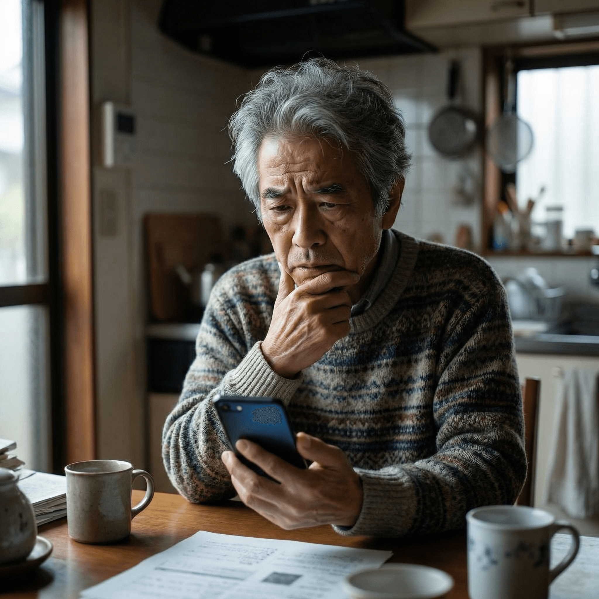業者探し：スマホを見て悩む高齢者